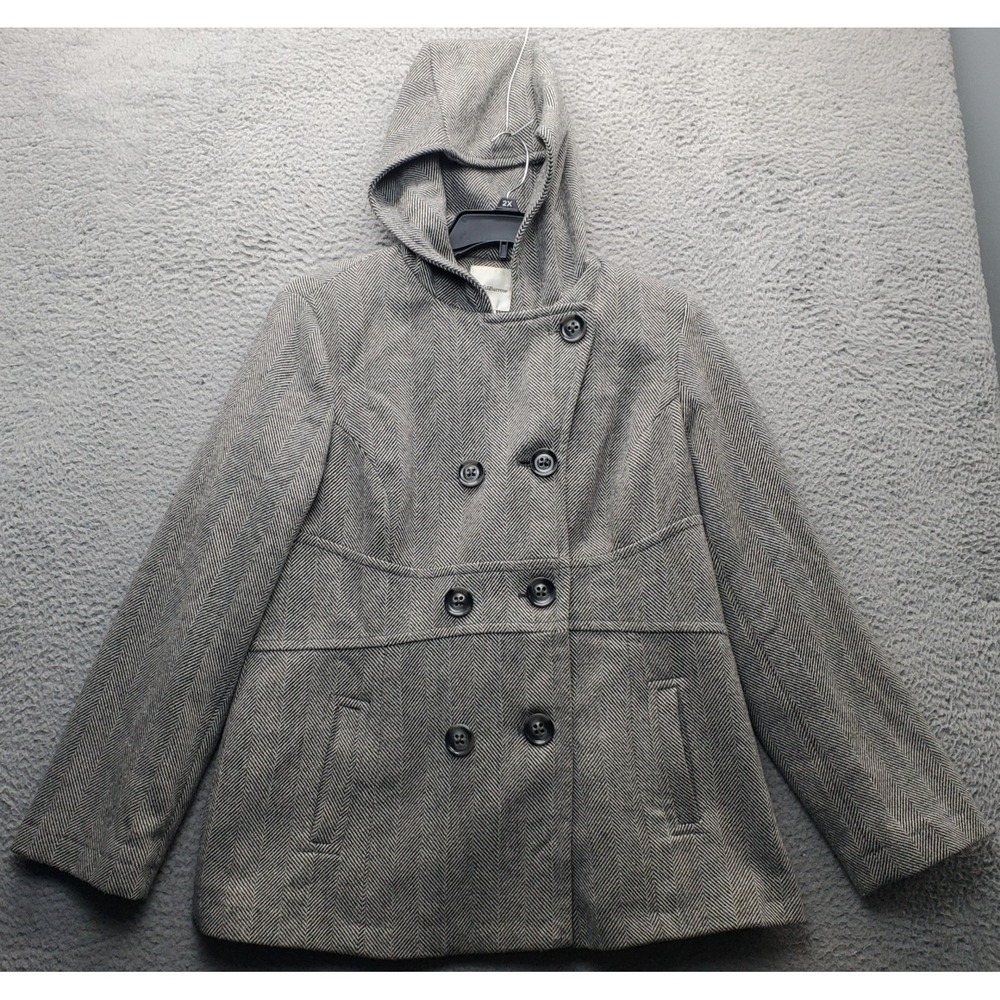 Croft & Barrow Hood Jacket Womens L Multi Herringbone Wool Blend Double Breasted